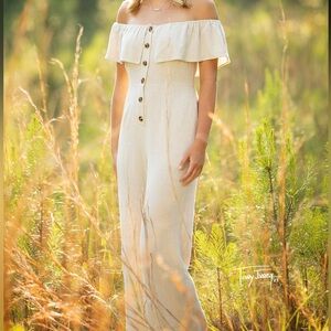 Off-Shoulder Cream Button-Front Maxi Dress